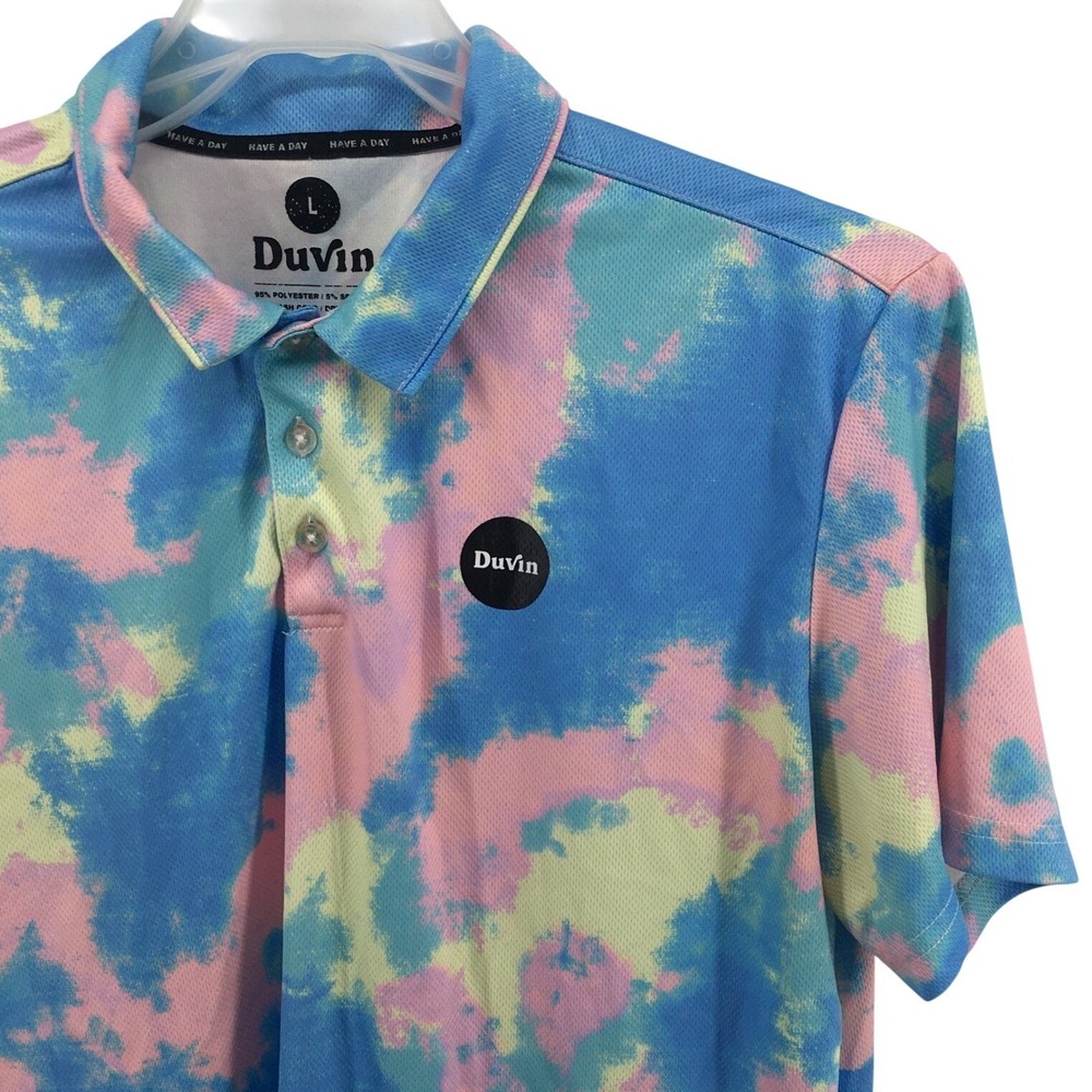 Duvin Polo Shirt Mens Large Blue Pink Yellow Tie Dye Short Sleeve Golf Casual